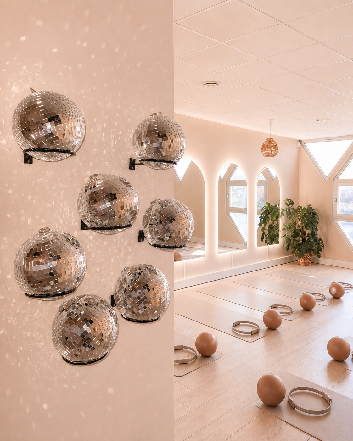 Salle du Studio Linea à Meaux avec boules à facettes, miroirs arqués et tapis de Pilates